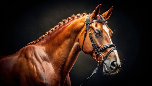 Vintage Chestnut Budyonny Dressage Horse Portrait | Black Background | Handmade Browband