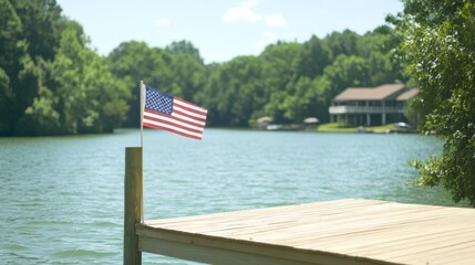 Serene lake view with flag on a dock, tranquil summer escape