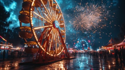 Ferris wheel, fireworks, carnival, night, crowd, funfair, celebration, amusement park, entertainment, stock photo