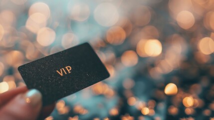 A hand grips a VIP card with a sparkling background, embodying exclusivity and luxury in an upscale environment