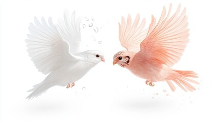 Obraz premium Vibrant doves in motion: a dynamic pair of white and pink birds on a minimalist background