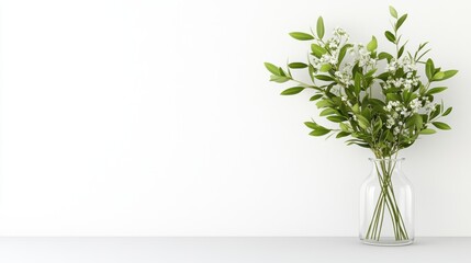 Fototapeta premium Minimalist floral arrangement with greenery in transparent vase on neutral background