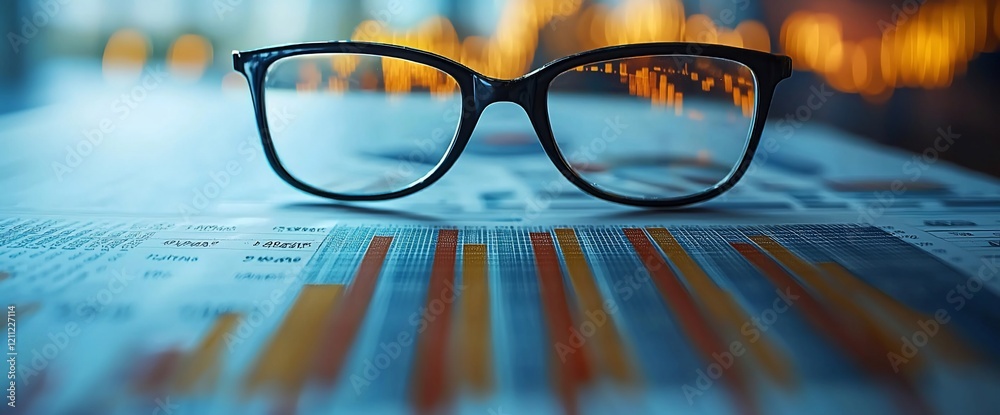 Aufkleber eyeglasses resting on financial charts and graphs.