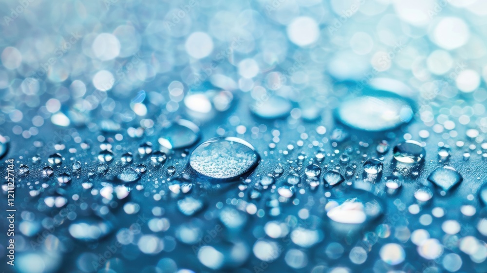 Poster close-up view of water droplets resting on a blue surface, reflecting light and creating an eye-catc