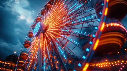 Illuminated Ferris wheel spinning at night amusement park