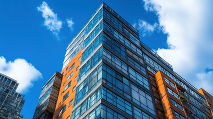 Fototapeta premium Modern Architecture: A Stunning Blue and Orange Building Against a Vivid Sky