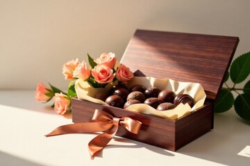 Luxurious dark chocolate assortment nestled in a rich wooden box, adorned with delicate pastel roses, a delightful gift