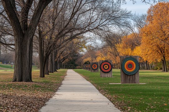 Scenic pathway lined with archery targets amidst seasonal foliage, showcasing vibrant colors of autumn and serene natural surroundings in a public park setting