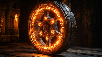 Obraz premium 3D render of an old, wooden cartwheel evolving into a high-tech, illuminated digital wheel, showcasing the concept Reinvent the Wheel as progress from old to new