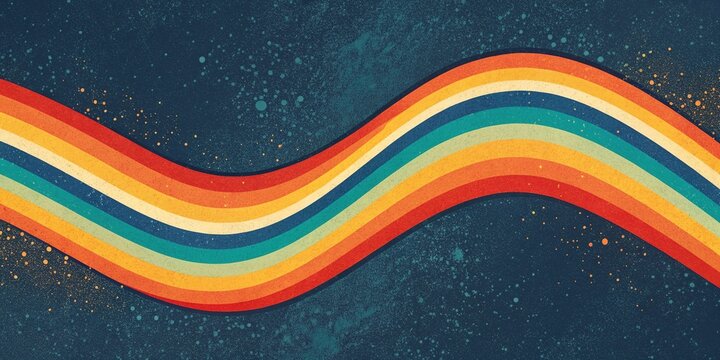 70s Retro Rainbow Wave Banner: Peach, Orange, Blue Gradient, Vintage Texture