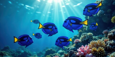 Fototapeta premium School of blue tang fish swimming together in the sunlit waters, sea, marine, fish