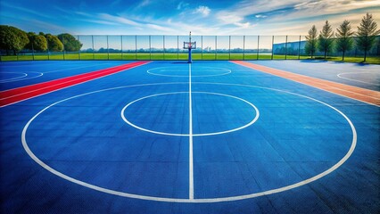 Basketball Court Circle Marking: White Lines on Blue Asphalt, Active Lifestyle Sports Concept