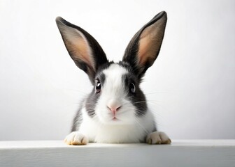Fototapeta premium Black and White Bunny Peeking Over White, Night Photography Stock Photo