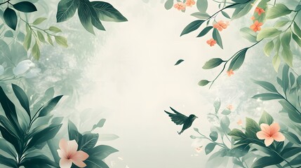 Serene Avian Flight Amidst Lush Green Foliage and Delicate Blooms