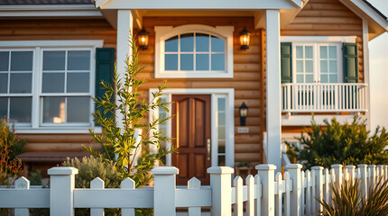Dream Log Cabin Home: Charming Exterior with White Picket Fence and Lush Greenery