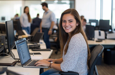 Obraz premium A young woman in professional attire sits at her desk, smiling as she works on an open laptop surrounded by office workers and team members having a business meeting behind her. 