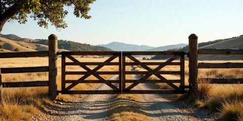 Fototapeta premium Rustic Wooden Gate Opens to a Serene, Grassy Valley Landscape Under a Clear Sky