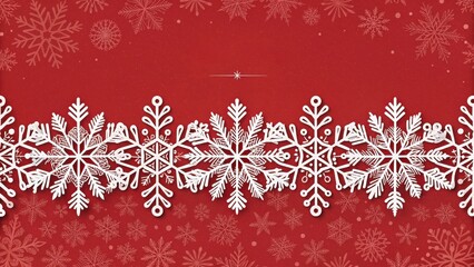 A Festive Red Background with Intricate White Snowflake Design Featuring a Central Row of Large Snowflakes and a Scattered Pattern of Smaller Snowflakes