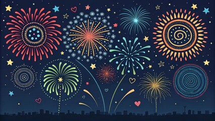 A Night Sky Filled with Colorful Fireworks Display Over a City Skyline