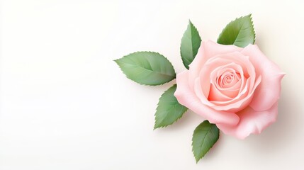 Elegant pink rose with lush green leaves on soft light background for nature and floral designs