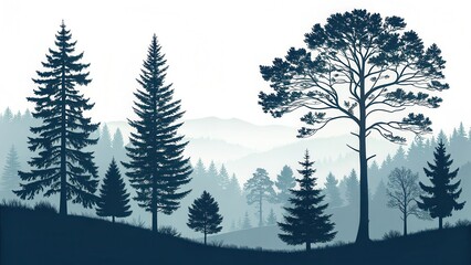 Serene woodland landscape featuring tall evergreen trees and a majestic deciduous tree against a misty mountain backdrop