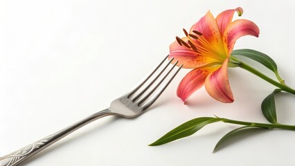A delicate orange lily blossom rests near an elegant silver fork, a simple yet sophisticated still life.