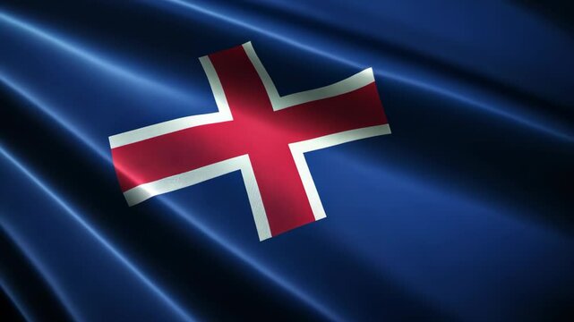 Flag of Iceland waving gracefully against a dark blue backdrop in a serene and peaceful atmosphere