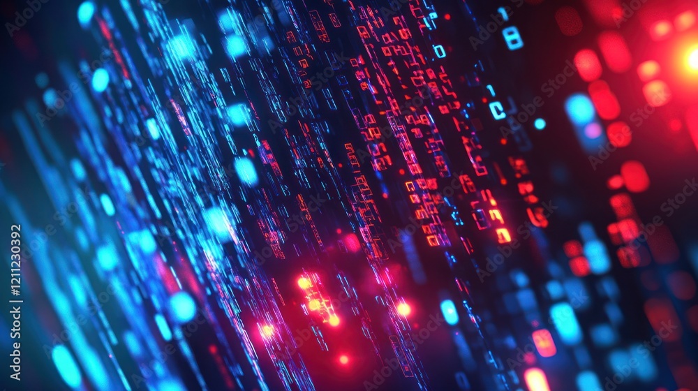 Poster abstract digital data stream: neon blue and red binary code flowing