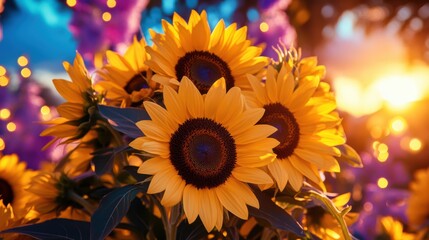 Vibrant sunflowers in a sunset garden with bokeh light effects