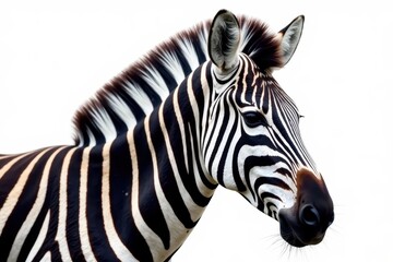 Striped zebra, isolated on pure white background, wildlife, side view