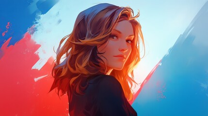 Modern portrait of Marianne, the French symbol of patriotism, with tricolor, representing liberty, feminism, and pride.