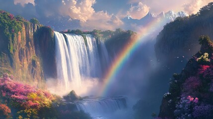 Fototapeta premium Majestic Waterfall Rainbow Paradise: A Dreamlike Landscape