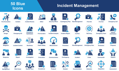 Incident Management Icon Set Collection. Containing Measurement, Procedure, Risk Management, Evaluation, Prepared, Response, Investigation, Evacuation, Communication. Simple Blue Vector Illustration.