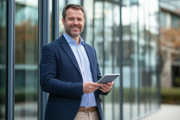 Fototapeta premium A confident businessman in his late thirties stands outside an office building, smiling and holding a tablet in one hand. 