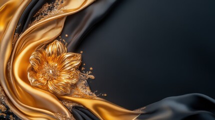 Elegant gold flower on black silk background with luxurious shimmering accents