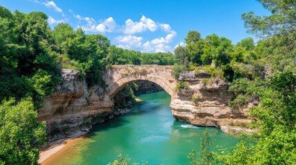 Ancient stone bridge over verdant river canyon in sunlit forest landscape