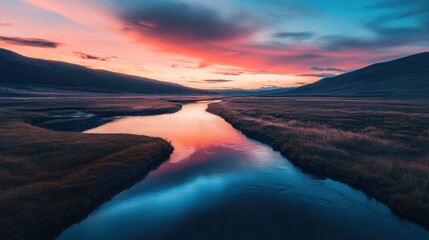 Fototapeta premium Serene river flowing through a landscape at sunset with colorful sky and hills in the distance