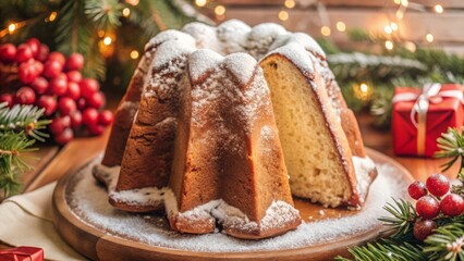 Baking delights pandoro with powdered sugar home kitchen dessert recipe festive atmosphere close-up view traditional italian concept