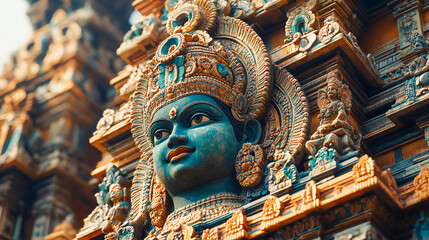 Fototapeta premium A close-up of the ornate decorations on the Sri Ranganathaswamy Temple in Srirangam, showcasing the intricate sculptures that adorn its gopurams