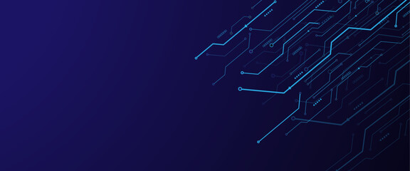 Vector Technology connected dark blue lines and dots with electronics elements on tech bg. Digital technology futuristic internet network speed connection dark blue background.