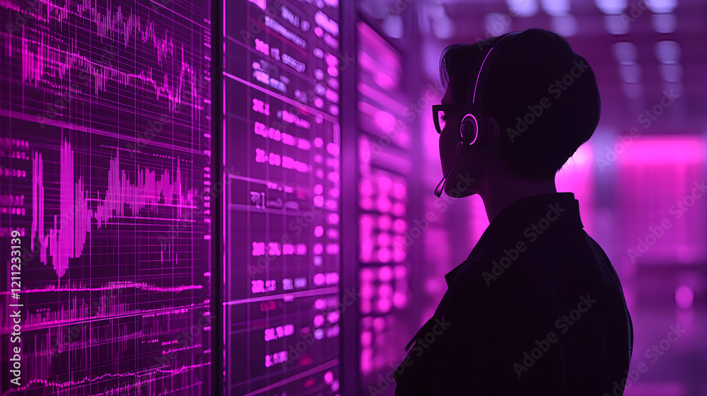 Poster data analyst monitoring performance metrics in a high-tech office digital workspace futuristic envir