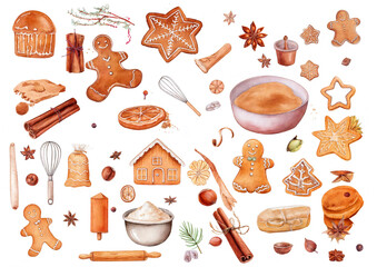 かわいい水彩のお菓子作りイラスト　ジンジャーブレッド　ジンジャークッキー　冬　クリスマス　ホリデー　製菓　材料　イラストセット
