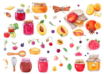 かわいい水彩のジャム作りイラスト　ジャム　果物　フルーツ　材料　イラストセット