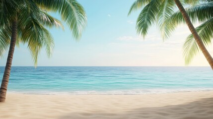 Fototapeta premium Serene Tropical Beach with Palm Trees and Tranquil Ocean Waves Under Bright Blue Sky