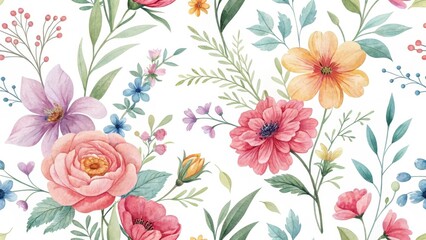 A delicate watercolor floral pattern featuring pastel roses, anemones, and wildflowers, perfect for textile design and wallpaper