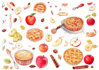 かわいい水彩のお菓子作りイラスト　アップルパイ　りんご　材料　パイ　タルト　タルトタタン　秋　イラストセット