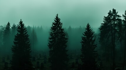 Spooky Cemetery  Foggy Halloween Night  Trees  Tombstones  Mist  Darkness