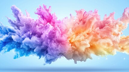 Fototapeta premium Vibrant multi-colored powder explosion bursting horizontally against a clean light blue studio background.