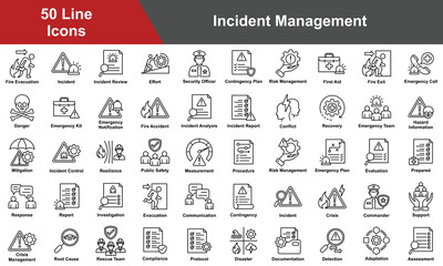 Incident Management Icon Set Collection. Containing Measurement, Procedure, Risk Management, Evaluation, Prepared, Response, Investigation, Evacuation, Communication. Simple Line Vector Illustration.