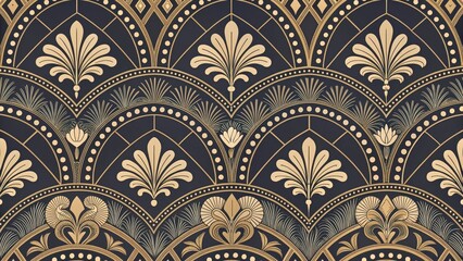Elegant Art Deco Inspired Seamless Pattern with Golden Floral and Geometric Motifs on a Dark Background
